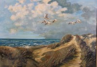 Los 4020 <br>K. L&ouml;bert 62, D&uuml;nen und fliegende Schw&auml;ne, wohl Ostsee, &Ouml;l/Hartfaser, gerahmt, RG 60 x 80cm