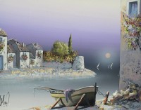 Auktion 366<br>unlerserl. signiert, südl. Stadt im Mondschein, Öl/Leinwand, gerahmt, RG 49,5 x 57,5cm