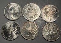 Los 6050 <br>6x 5 DM M&uuml;nzen, 2x davon Kursm&uuml;nzen, Nennwert 15 &euro;