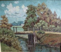 Los 4039 <br>Hans HENTSCHKE (1889-1969)  "Moorbr&uuml;cke im Teufelsmoor", &Ouml;l/Leinen, gerahmt, RG 65x75 cm, kl. Farbabplatzer