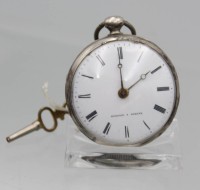 Auktion 363 / Los 2026 <br>Schweizer Spindeluhr, um 1800, signiert Bordier Geneve, Silbergheäuse (gepr.), Schlüssel-Werk läuft, D-4,7cm