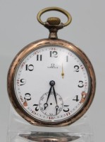 Auktion 363 / Los 2027 <br>Herrentaschenuhr, OMEGA, 800er Silbergehäuse, Kronenaufzug, Werk steht, Ziffernblatt beschädigt, Sekunde lose, D-5,1cm, innen Namensgravur.