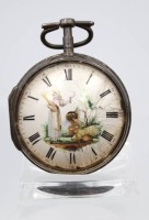 Auktion 363 / Los 2036 <br>antike Spindeluhr, wohl Frankreich, bemaltes Ziffernblatt, Silbergehäuse, Werk steht, Altersspuren, ca. D-5cm