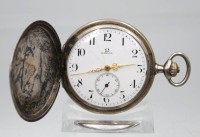 Auktion 363 / Los 2043 <br>Sprungdeckel-Taschenuhr, OMEGA, Kronenaufzug, Silbergehäuse, Werk läuft an, D-5cm, Deckelmechanik defekt