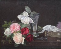 Auktion 376<br>anonymes Stilleben, &Ouml;l/Leinen, 19.Jhd., in Kopenhagen gerahmt, RG 33x40 cm, mehrere kl. Farbabplatzer, Kratzer
