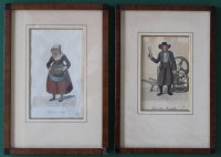 Auktion 363<br>2  Lithografien um 1850, handcoloriert, Berufe, Scherenschleifer und Garnverkäuferin, ger/Glas, RG 28x19 cm