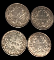 Auktion 363 / Los 6012 <br>4x 1 Mark, Deutsches Reich, 1905, 2x 1914, 1x1915, Silber