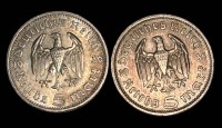 Auktion 363 / Los 6014 <br>4x 5 Reichsmark, Hindenburg, 1935/36/37/39, diese gekapselt, Silber