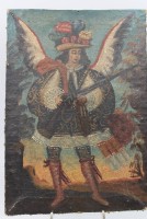 Auktion 363 / Los 4011 <br>Erzengel Michael im Stil der Cusco-Schule, wohl 19. Jhd., Öl/Leinwand, ungerahmt, leicht restau. bedürftig, ca. 31 x 21,5cm