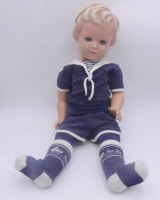 Auktion 363 / Los 12018 <br>grosse Celluloid Jungenpuppe wohl Schildkröt?, Schlafaugen, Mamastimme defekt, H-60 cm, bespielt/berieben