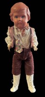 Auktion 363 / Los 12020 <br>Celluloid Brustblattkopf-Puppe mit Stoffkörper, H-41 cm, guter Zustand