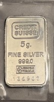 Auktion 363<br>kl. Silberbarren-999-, 5 gr. ,Credit  Suisse,nummeriert,  eingeschweisst