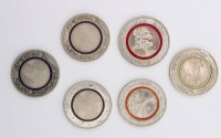 Auktion 363<br>5x 5 Euro, 1x 10 Euro Sondermünzen mit Polymer-Ringe in div. Farben