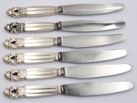 Auktion 363<br>6x Messer, Georg Jensen, Acorn, Sterlinggriffe, ca. L-20,2cm , Gebrauchsspuren