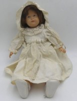 Auktion 363<br>Cellulpoid Brustblattkopf-Mädchenpuppe nur "7" gemarkt, Glieder Celluloid, Stoffkörper, H-48 cm