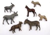 Auktion 363<br>7x div. Tierfiguren, Lineol/Elastolin, älter, aller irgendwie beschädigt, Esel ca. H-7cm L-10cm