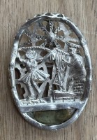 Auktion 363<br>Silber-Brosche bzw. Anhänger, Silber-925-Handarbeit, ,Harfe-Spieler und Tänzer, H-ca. 4 cm, 7,1 gr.