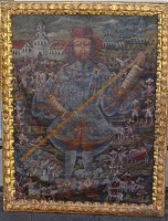 Auktion 363 / Los 4013 <br>anonymes grosses Gemälde, Portrait eines Kriegers vor Stadtsilhouette, wohl Zentralasien? Öl/Leinen, kl. Löcher etc,  restaurierungsbedürftig, Alters-u. Gebrauchsspuren, gerahmt, Holz hinterlegt. Leinwand müsste neu gespannt werden, verso beschriftet, RG 110x86 cm,  (Sperrgut, ca. 36 € BRD)