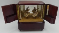 Auktion 363 / Los 16038 <br>Spieluhr in Form eines 30/50-er J. Schrankes als Zigarettenhalter, mit 2 Tänzerinnen, Werk läuft, H-17 cm, 16x8 cm