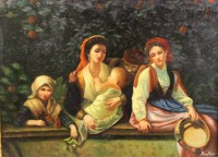 Auktion 363 / Los 4026 <br>unleserl. signiert, 3 Frauen mit Kind, Italien ?, Öl/Holz, gut gerahmt, RG 48 x 58cm