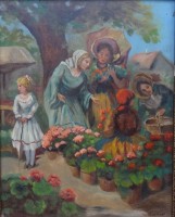 Auktion 363 / Los 4027 <br>Max KUGLMAYR (1863-c.1930) "Auf dem Markt" Öl/Holz, 50x40 cm, alt gerahmt, Rahmen mehrfach beschädigt RG 62x50 cm