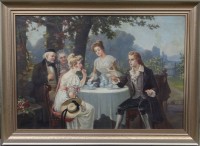Auktion 363 / Los 4028 <br>Jon POPP (1862-1953) "Gartengesellschaft", Öl/Leinen, gerahmt, RG 68 x 93 cm, Sperrgut!
