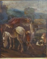 Auktion 363 / Los 4029 <br>anonymer Altmeister "beladenes Pferd und Hunde"  wohl 18.Jhd., Öl/Leinen, doubliert, 66x55 cm,  reinigungsbedürftig, gerahmt RG 84x74 cm, Sperrgut!