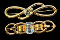 Auktion 364 / Los 1009 <br>2x vintage Doublee-Nadeln mit hellblauen Steinen, 1x Oresto gemarkt, B-ca. 5,5 cm