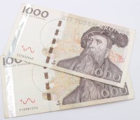 Auktion 364 / Los 6001 <br>2x Banknoten je 1000 Kronor, Schweden