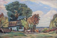 Auktion 364 / Los 4001 <br>Gehöft mit Bäuerin und Vieh, r.u. monogrammiert, Öl/Malkarton, gerahmt, RG 43 x 59cm