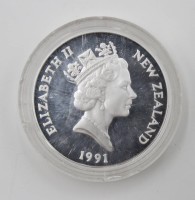 Auktion 364 / Los 6002 <br>5 Dollar, Neuseeland, 1991, Rugby Worldcup, Silber, ca. 28,2gr., D-mit Kapsel 3,9cm