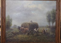 Auktion 364<br>unleserl.signiert, Heuernte, Öl/Leinwand, gerahmt, RG 72 x 82cm, Sperrgut