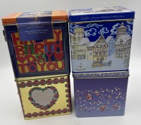 Auktion 364<br>4 Blechdosen mit Spieluhren, alle Werke laufen, gut erhalten, 12 x 9 x 12 cm, Leibnitz und Lebkuchen etc.