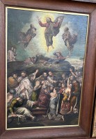 Auktion 364<br>anonymer Altmeister, "Christi Himmelfahrt" figurenreiches Ölgemälde auf Leinen, gerahmt, wohl 18/19.Jhd., RG 105x76 cm, Sperrgut-Versand