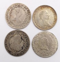 Auktion 364 / Los 6036 <br>4x 20 Kreutzer, Österreich, 2x Maria Theresia 1761/1770, 1x Franz I, 1803, 1x Franz II 1832