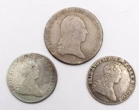 Auktion 364 / Los 6037 <br>Kronenthaler 1795, Franz II, Österreich und 2x 2/3 Taler (Gulden), 1767 und 1768, Sachsen Friedrich August III. (1763-1806)