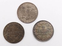 Auktion 364<br>3x 1/2 Gulden Münzen, 1838/40/41, Baden, Württemberg, Stadt Frankfurt (749