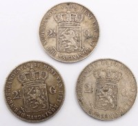 Auktion 364 / Los 6051 <br>3x 2 1/2 Gulden, Niederlande 1848/51/1874, D-4 cm, 74,5 gr