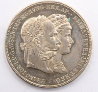 Auktion 364<br>2 Gulden 1879 - Franz Joseph I und Sissi. - Jubiläum der Silberhochzeit, D-3,5 cm, ca. 25 gr.