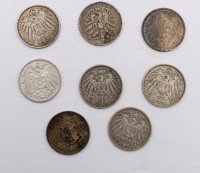 Auktion 364<br>8x 1 Mark, Deutsches Reich, 1880 bis 1913 (35)