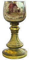 Auktion 364<br>hoher Weinrömer, Kuppa mit Emaillemalerei, H-20 cm