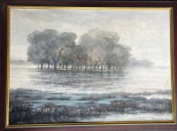 Auktion 364<br>Heinz Dodenhoff (1889-1981) , Landschaft, signiert, Öl/Malfaser, gerahmt RG 77 x 65,5 cm, reinig. bed., beidsei. bemalt