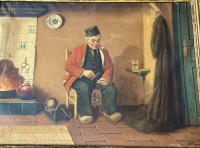 Auktion 364<br>Hans FENGER (1893-1980)  "Ostfriese vor Kachelofen" Öl/Leinen, Rahmen gebrochen, RG  80x98 cm, (gerahmt Sperrgut, ohne Rahmen nicht)