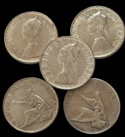 Auktion 364<br>5x 500 Lire Münzen, Italien, Siölber