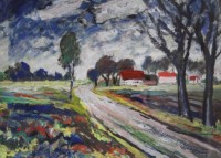 Auktion 364<br>anonymes Aquarell, Dorfansicht, Nurglasrahmen, RG 50 x 60cm, Glas an den Ecken beschädigt