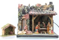 Auktion 364<br>beleuchtbare Weihnachtsgrippe, älter, Massefiguren meist beschädigt, H-31cm B-35cm