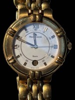 Auktion 364 / Los 2109 <br>Maurice Lacroix Armbanduhr, Metall, vergoldet, Quarzwerk nicht überprüft, Datum, aufgesetzte Balkenindexe und röm. Ziffern, Durchmesser ca. 35 mm, 85 g, Gebrauchsspuren,