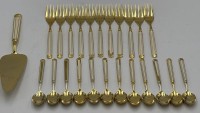 Auktion 368 / Los 11048 <br>Kaffeebesteck "Hanseat" vergoldet und emailliert, Kuchenheber, 11 Kuchengabeln, 12 Kaffeel&ouml;ffel, einige Teile Emaille besch&auml;digt, grossteil aber gut erhalten, 24 Teile