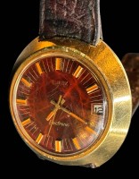Auktion 365<br>frühe Quartzuhr "Timex" electronic, 1972, Werk nicht geprüft, Tragespuren, altes Lederband