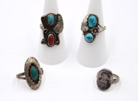Auktion 365<br>4x div. Silber-Ringe, 3x wohl Mexico, div. Steinbesatz, zus. ca. 14,1gr., RG 47-52